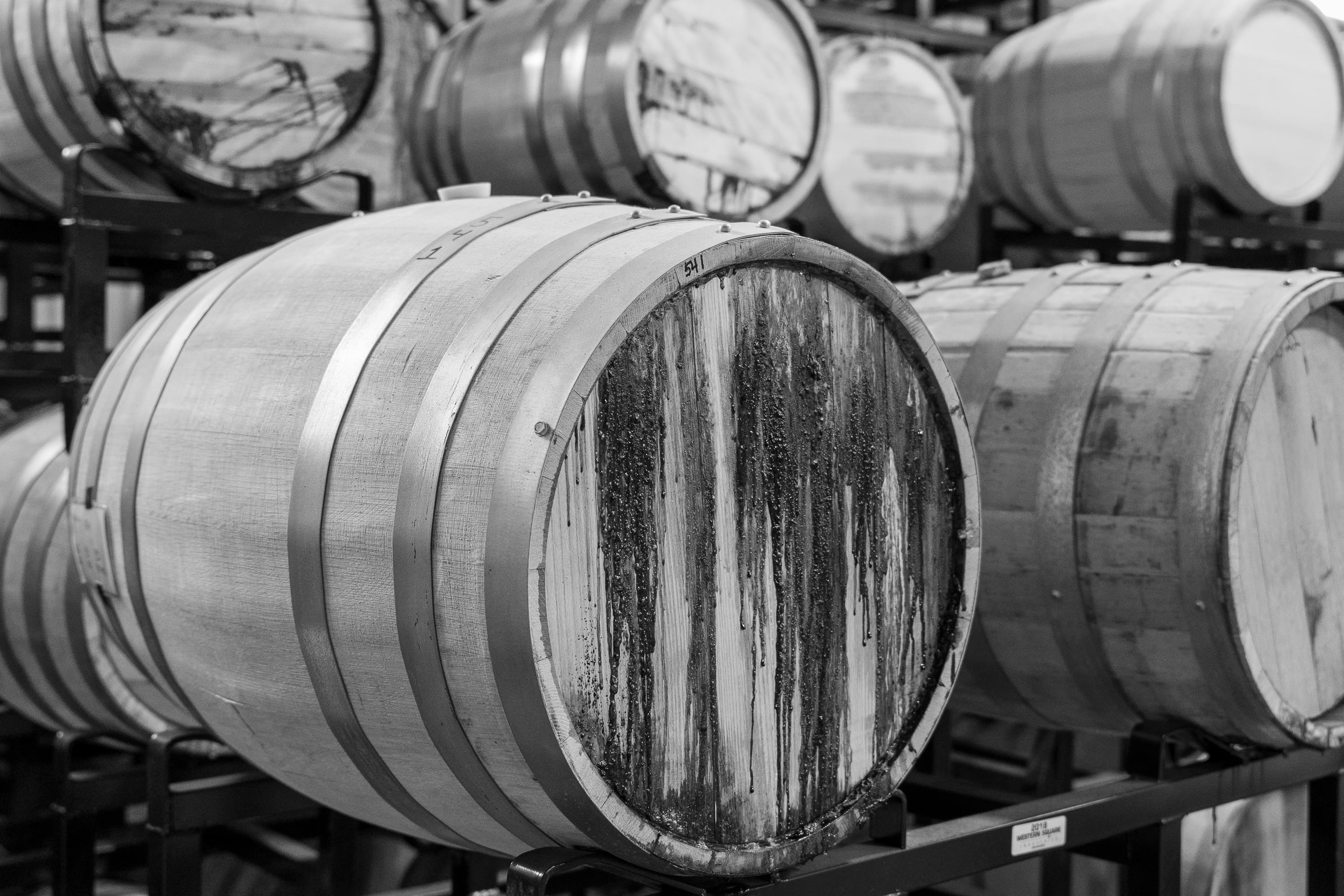 Bourbon barrels resting in the rickhouse